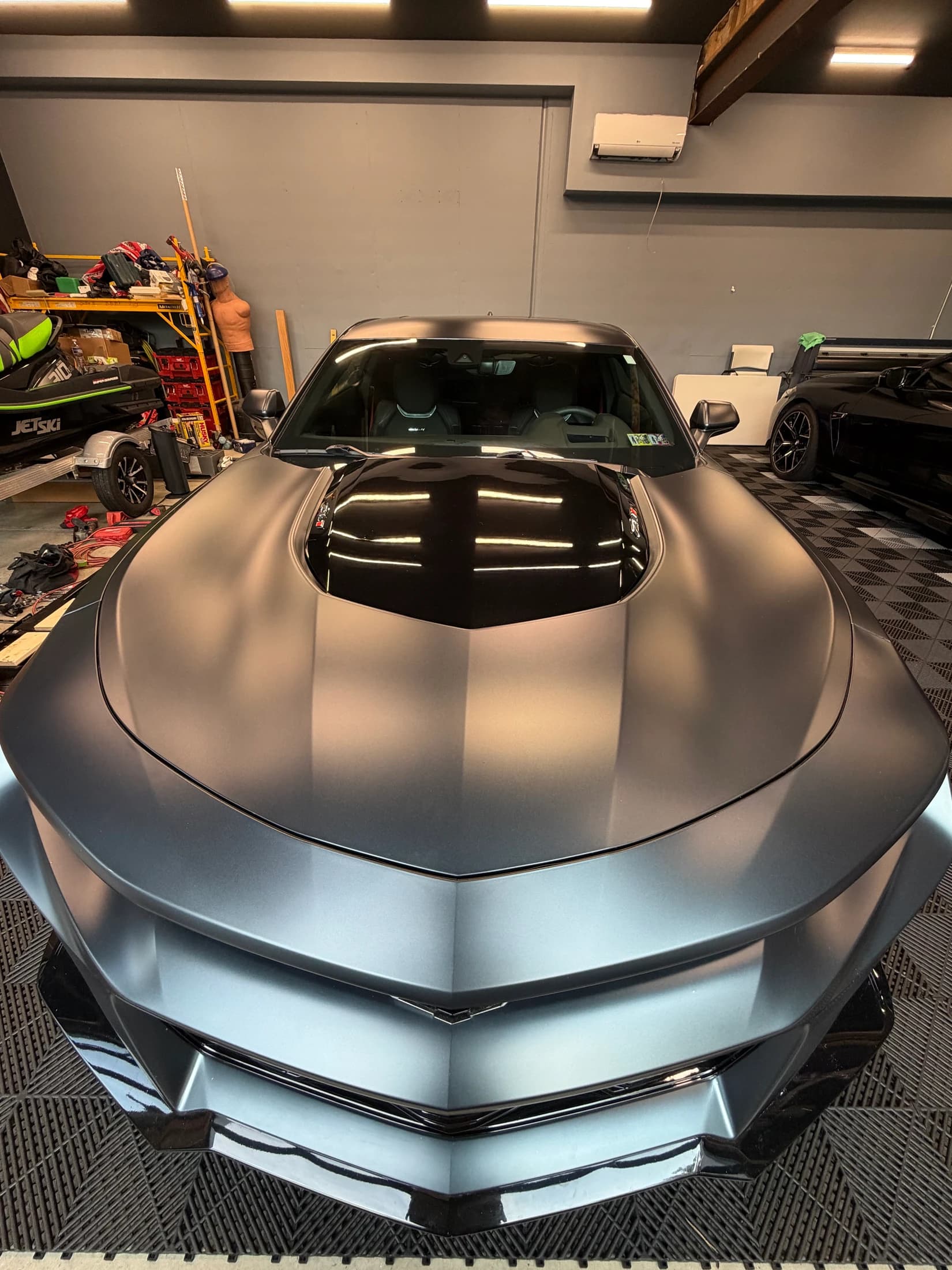 Front of a Camaro ZL1 with satin gray color-change paint protection film